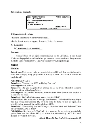 Première page de Anglais 3e — 1re évaluation sommative, 1er semestre (2022-2023) · CEG2 ABOMEY - CALAVI (CEG ZOCA)