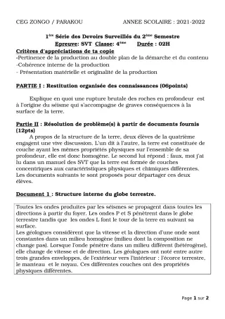 Première page de SVT 4e, 4e ML — 1er devoir surveillé, 2e semestre (2021-2022) · CEG ZONGO