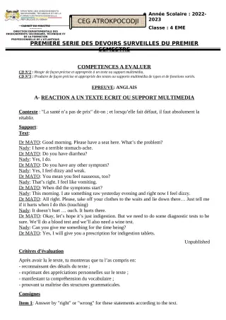 Première page de Anglais 4e — 1er devoir surveillé, 1er semestre (2022-2023) · CEG ATROKPOCODJI