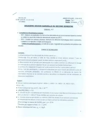 Première page de PCT Tle C — 2e devoir surveillé, 2e semestre (2018-2019) · CEG du Lac