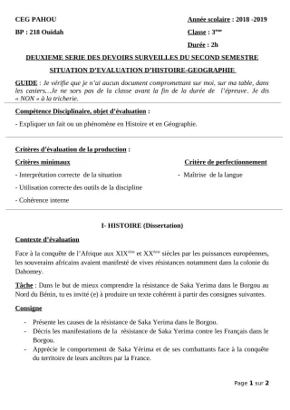 Première page de Histoire-Géographie 3e, 3e ML — 2e devoir surveillé, 2e semestre (2018-2019) · CEG PAHOU