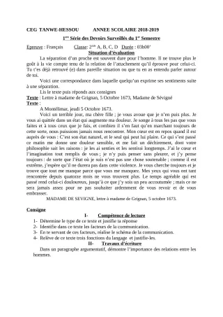 Première page de Français 2nde D — 1er devoir surveillé, 1er semestre (2018-2019) · CEG TANWE-HESSOU