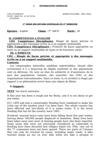 Première page de Anglais Tle A1, Tle A2, Tle B, Tle C, Tle D — 1er devoir surveillé, 2e semestre (2021-2022) · CEG LE NOKOUE
