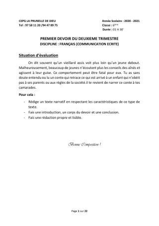 Première page de Histoire-Géographie 6e, 5e, 4e, 3e, 3e ML, 2nde B, 2nde D — Composition, 2e trimestre (2020-2021) · CEPG La Prunelle de Dieu