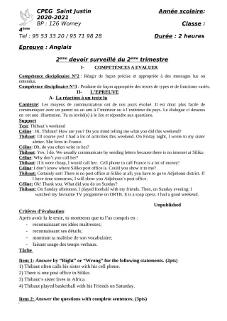 Première page de Anglais 5e, 4e — 2e devoir surveillé, 2e trimestre (2020-2021) · CPEG SAINT Justin