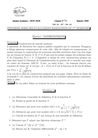 Première page de Mathématiques Tle C, Tle D — 1re évaluation sommative, 2e semestre (2019-2020) · CEG Sô-Ava