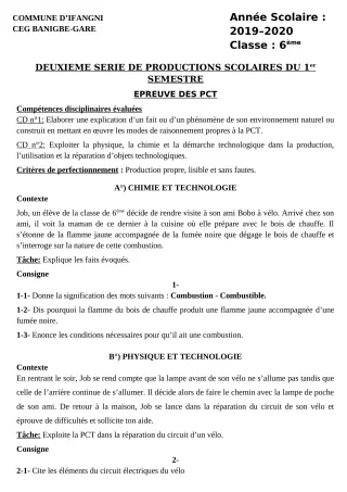 Première page de PCT 6e — 2e production scolaire, 1er semestre (2019-2020) · CEG Banigbégare