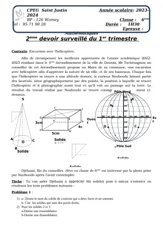 Première page de Mathématiques 6e — 2e devoir surveillé, 1er trimestre (2023-2024) · CPEG SAINT Justin