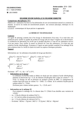 Première page de PCT 2nde C, 2nde D — 2e devoir surveillé, 2e semestre (2019-2020) · CEG ZOGBO