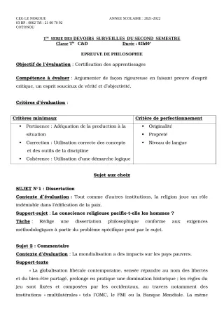 Première page de Philosophie Tle C, Tle D — 1er devoir surveillé, 2e semestre (2021-2022) · CEG LE NOKOUE