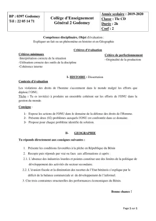 Première page de Devoir surveillé de HIST-GEO — Tle C, Tle D — CEG2 Godomey (2019)