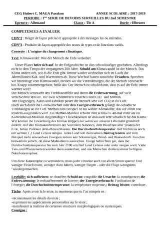 Première page de Allemand 4e ML, 3e ML, 1ère A1, 1ère A2, Tle A1, Tle A2 — 1er devoir surveillé, 2e semestre (2018-2019) · CEG Hubert C. MAGA