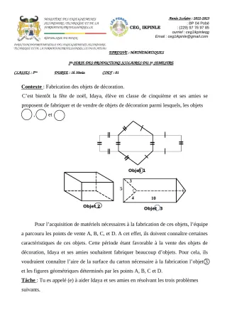 Première page de Mathématiques 5e — 1re production scolaire, 1er semestre (2022-2023) · CEG1 Ikpinlè