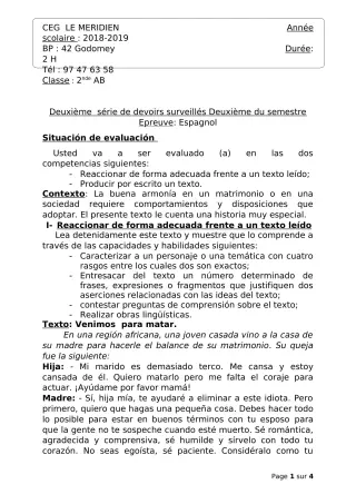 Première page de Espagnol 2nde A & B — 2e devoir surveillé (2018-2019) · CEG Le Méridien