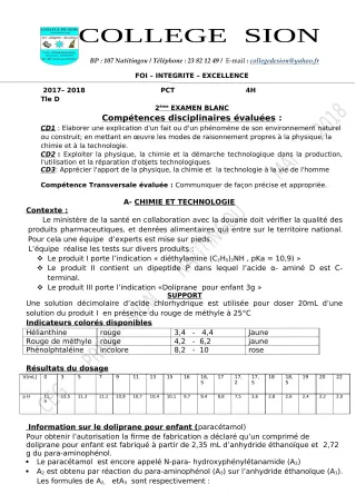 Première page de Examen Blanc de PCT — Tle D — CEG PRIVE SION DES AD (2019)