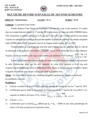 Première page de Mathématiques Tle A2, Tle B — 2e devoir surveillé, 2e semestre (2023-2024) · CEG Yagbe