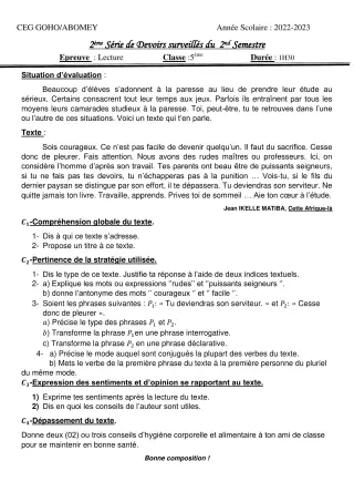 Première page de Français 5e — 2e devoir surveillé, 2e semestre (2022-2023) · CEG GOHO