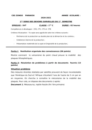 Première page de SVT 1ère C — 1er devoir surveillé, 1er semestre (2020-2021) · CEG ZONGO