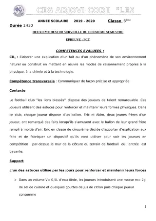 Première page de PCT 5e — 2e devoir surveillé, 2e semestre (2019-2020) · CEG ADJOVICODJI 'LES OLIVIERS'