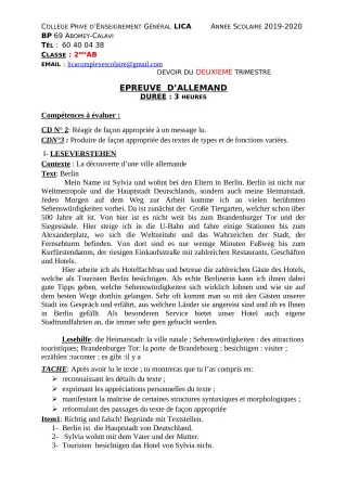Première page de Allemand 2nde A2, 2nde B — Devoir surveillé, 2e trimestre (2019-2020) · CPEG LICA