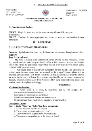 Première page de Anglais 5e — 1er devoir surveillé, 1er semestre (2023-2024) · CEG Yagbe