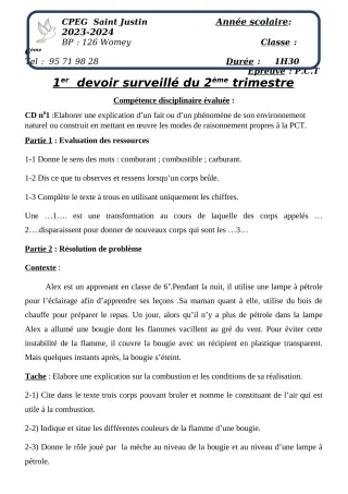 Première page de PCT 6e, 5e — 1er devoir surveillé, 2e trimestre (2023-2024) · CPEG SAINT Justin