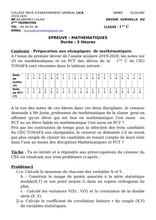 Première page de Mathématiques 1ère C — Devoir surveillé, 2e trimestre (2019-2020) · CPEG LICA