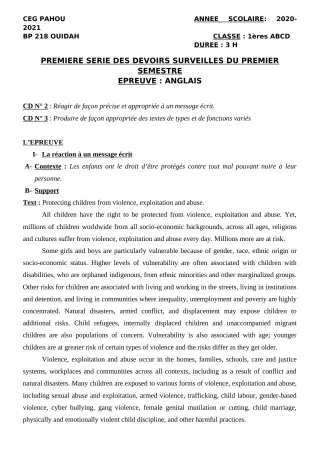 Première page de Anglais 1ère A1, 1ère A2, 1ère B, 1ère C, 1ère D — 1er devoir surveillé, 1er semestre (2020-2021) · CEG PAHOU