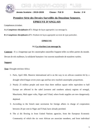 Première page de Anglais Tle D — 1er devoir surveillé, 2e semestre (2019-2020) · CEG ADJOVICODJI 'LES OLIVIERS'