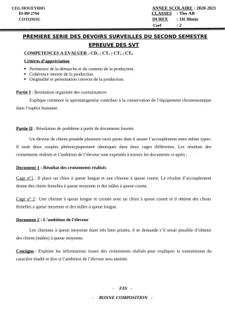 Première page de SVT Tle A1, Tle A2, Tle B — 1er devoir surveillé, 2e semestre (2020-2021) · CEG HOUEYIHO