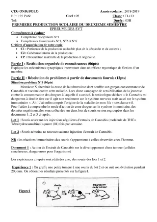 Première page de SVT Tle D — 1re production scolaire, 2e semestre (2018-2019) · CEG ONIGBOLO