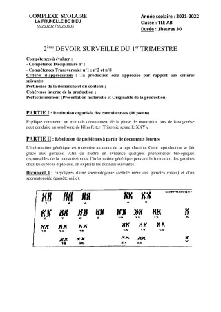 Première page de SVT Tle A2, Tle B — 2e devoir surveillé, 1er trimestre (2021-2022) · CEPG La Prunelle de Dieu