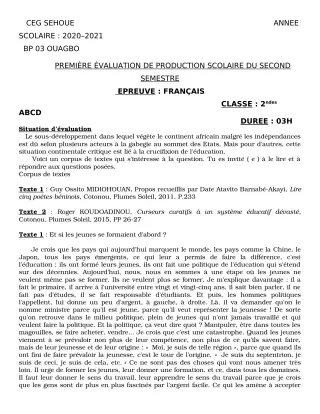 Première page de Français 2nde A2, 2nde B, 2nde C, 2nde D — 1re production scolaire, 2e semestre (2020-2021) · CEG SEHOUE
