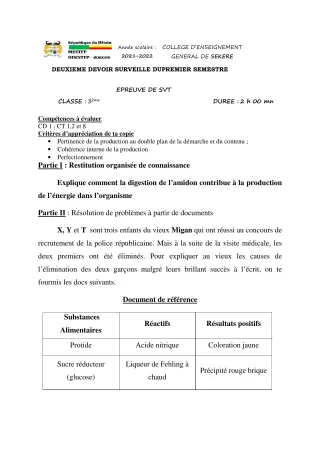 Première page de SVT 3e — 2e devoir surveillé, 1er semestre (2021-2022) · CEG SEKERE