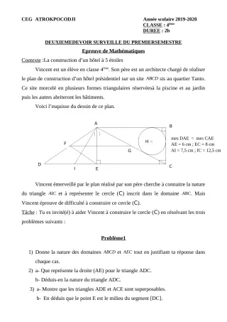 Première page de Mathématiques 4e, 4e ML — Devoir surveillé (2019-2020) · CEG ATROKPOCODJI