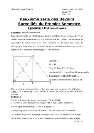 Première page de Mathématiques 4e, 4e ML — 2e devoir surveillé, 1er semestre (2019-2020) · CEG Agassa Godomey