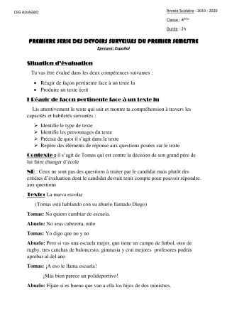 Première page de Espagnol 4e ML — 1er devoir surveillé, 1er semestre (2019-2020) · CEG ADJAGBO