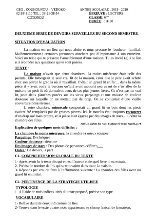 Première page de Français 6e — 2e devoir surveillé, 2e semestre (2019-2020) · CEG Kouhounou-Vêdoko