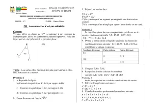 Première page de Mathématiques 6e — 2e devoir surveillé, 2e semestre (2020-2021) · CEG SEKERE