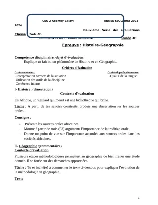 Première page de Histoire-Géographie 2nde A & B — 2e évaluation sommative, 1er semestre (2023-2024) · CEG2 ABOMEY - CALAVI (CEG ZOCA)