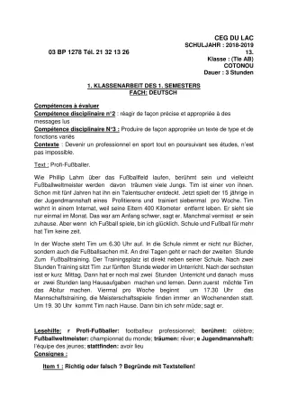 Première page de Devoir surveillé de ALLEMAND — Tle A2, Tle B — CEG du Lac (2018)