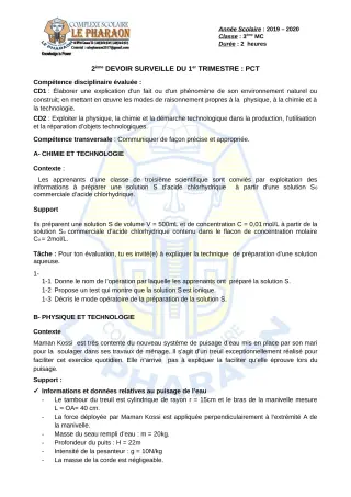 Première page de PCT 3e — 2e devoir surveillé, 1er trimestre (2019-2020) · CPEG LE PHARAON