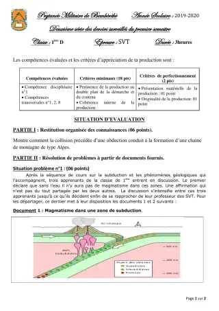 Première page de SVT 1ère D — 2e devoir surveillé, 1er semestre (2019-2020) · PMB
