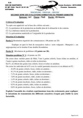 Première page de SVT Tle D — 2e évaluation sommative, 1er semestre (2019-2020) · CEG Dantokpa
