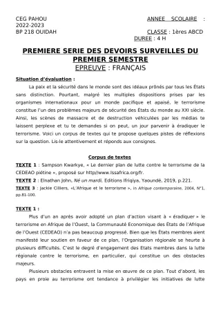 Première page de Français 1ère A2, 1ère B, 1ère C, 1ère D — 1er devoir surveillé, 1er semestre (2022-2023) · CEG PAHOU