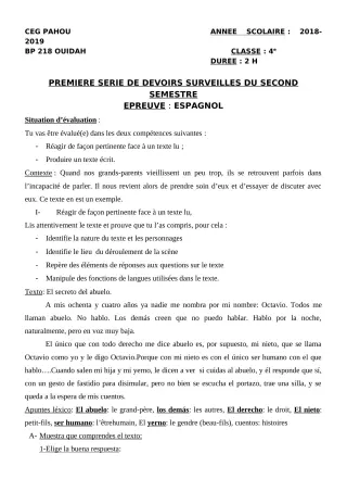 Première page de Espagnol 4e ML — 1er devoir surveillé, 2e semestre (2018-2019) · CEG PAHOU