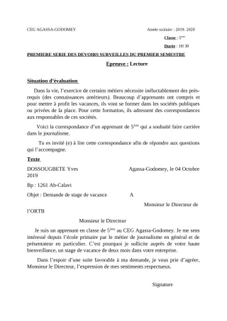Première page de Français 5e — 1er devoir surveillé, 1er semestre (2019-2020) · CEG Agassa Godomey