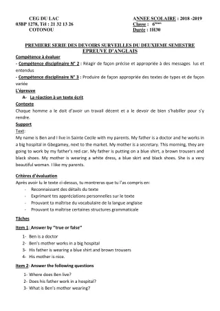 Première page de Anglais 6e — 1er devoir surveillé, 2e semestre (2018-2019) · CEG du Lac