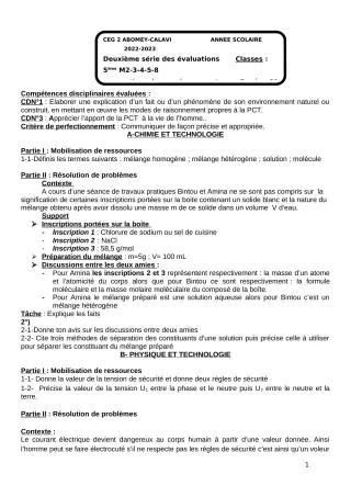 Première page de PCT 5e — 2e évaluation sommative, 1er semestre (2022-2023) · CEG2 ABOMEY - CALAVI (CEG ZOCA)