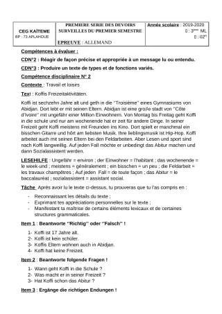 Première page de Allemand 3e ML — 1er devoir surveillé, 1er semestre (2019-2020) · CEG Kaïtèmè